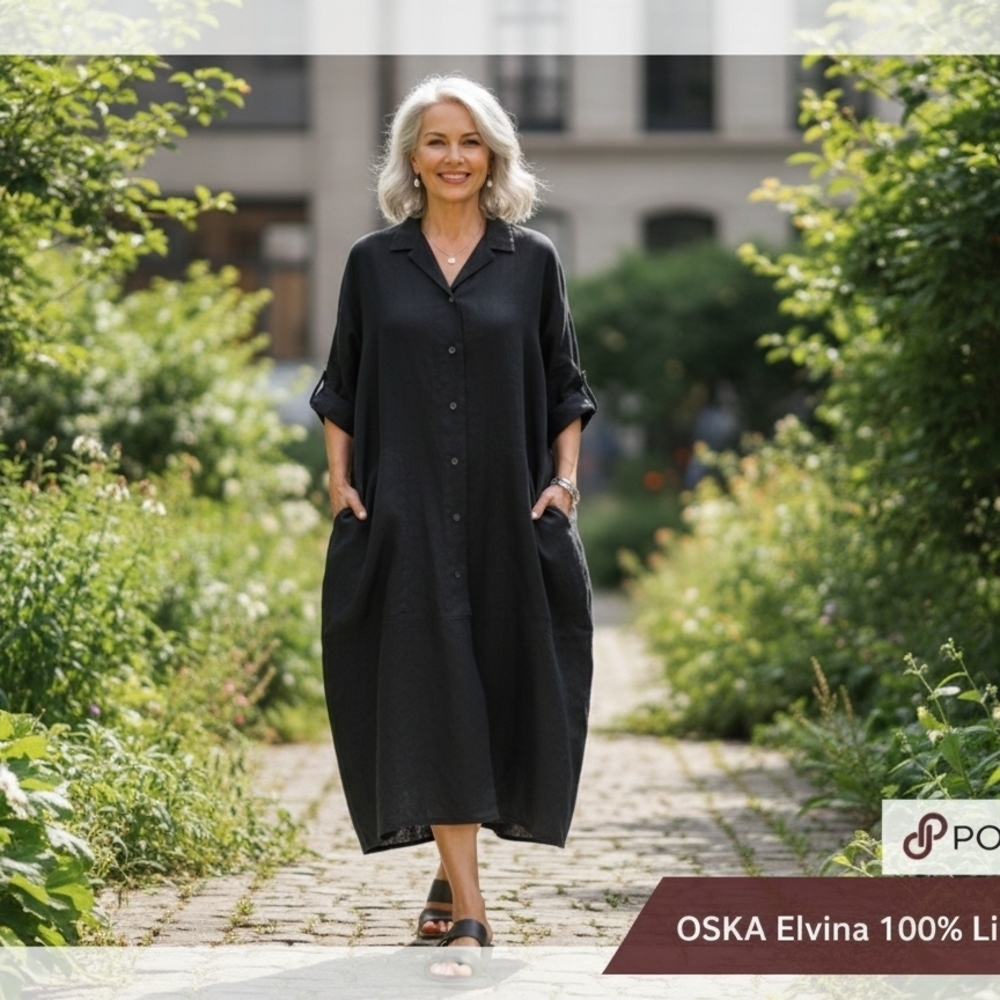 OSKA Elvina 100% Linen Black Midi Shirt Dress Tunic | Size 0 | Lagenlook EUC